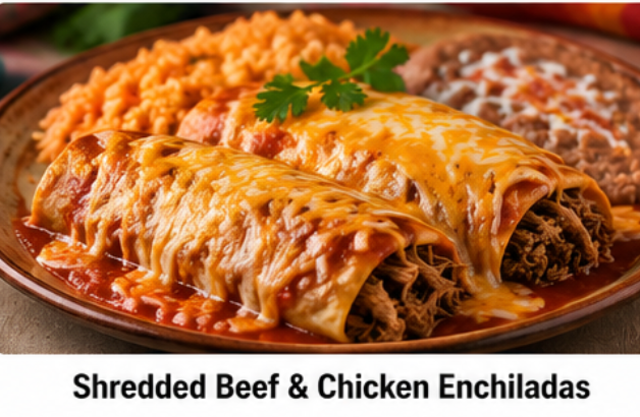 Shredded Beef & Chicken Enchiladas.