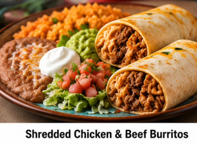 Shredded Chicken & Beef Burritos.